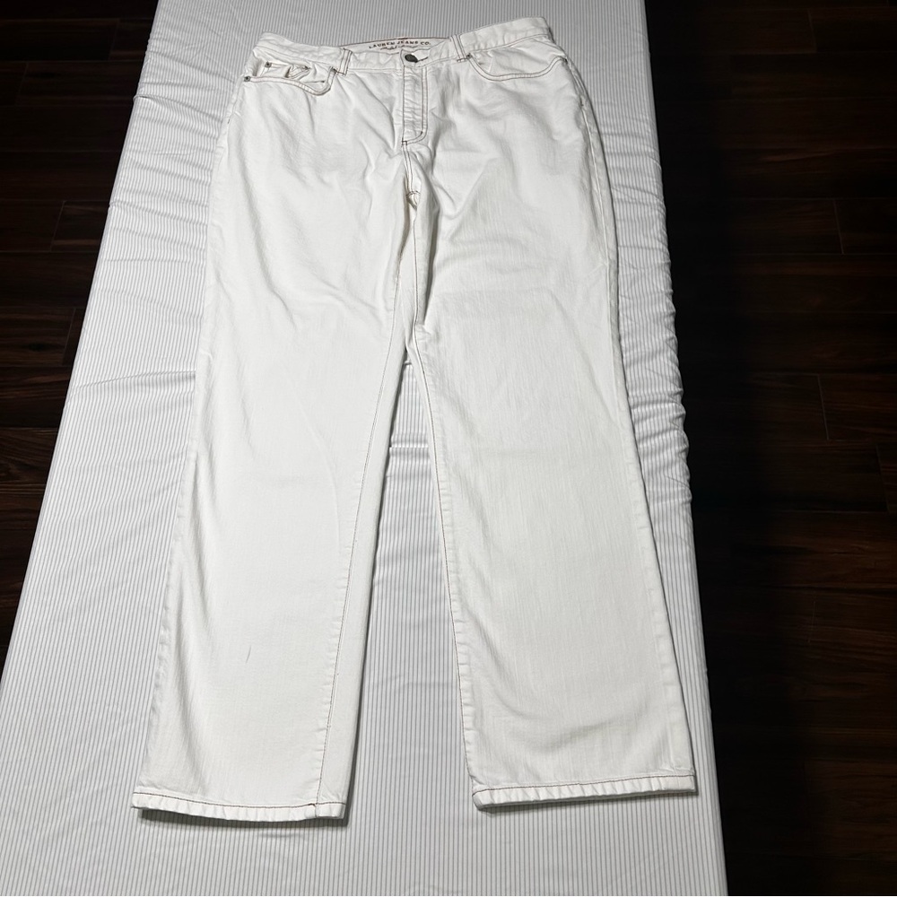 Lauren Jeans Co Ralph Lauren White Jeans Straight Leg 12 Brown Stitch Leather